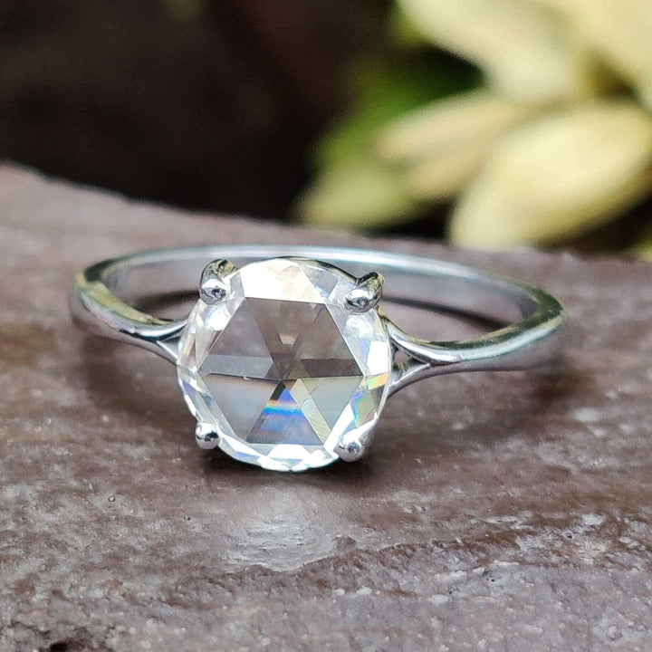 Moissanite Ring - Elegant Split Shank Rose Cut Engagement Ring