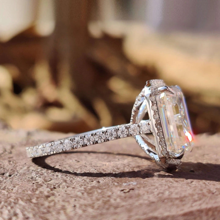 Emerald Moissanite Halo Pave Set Engagement Ring