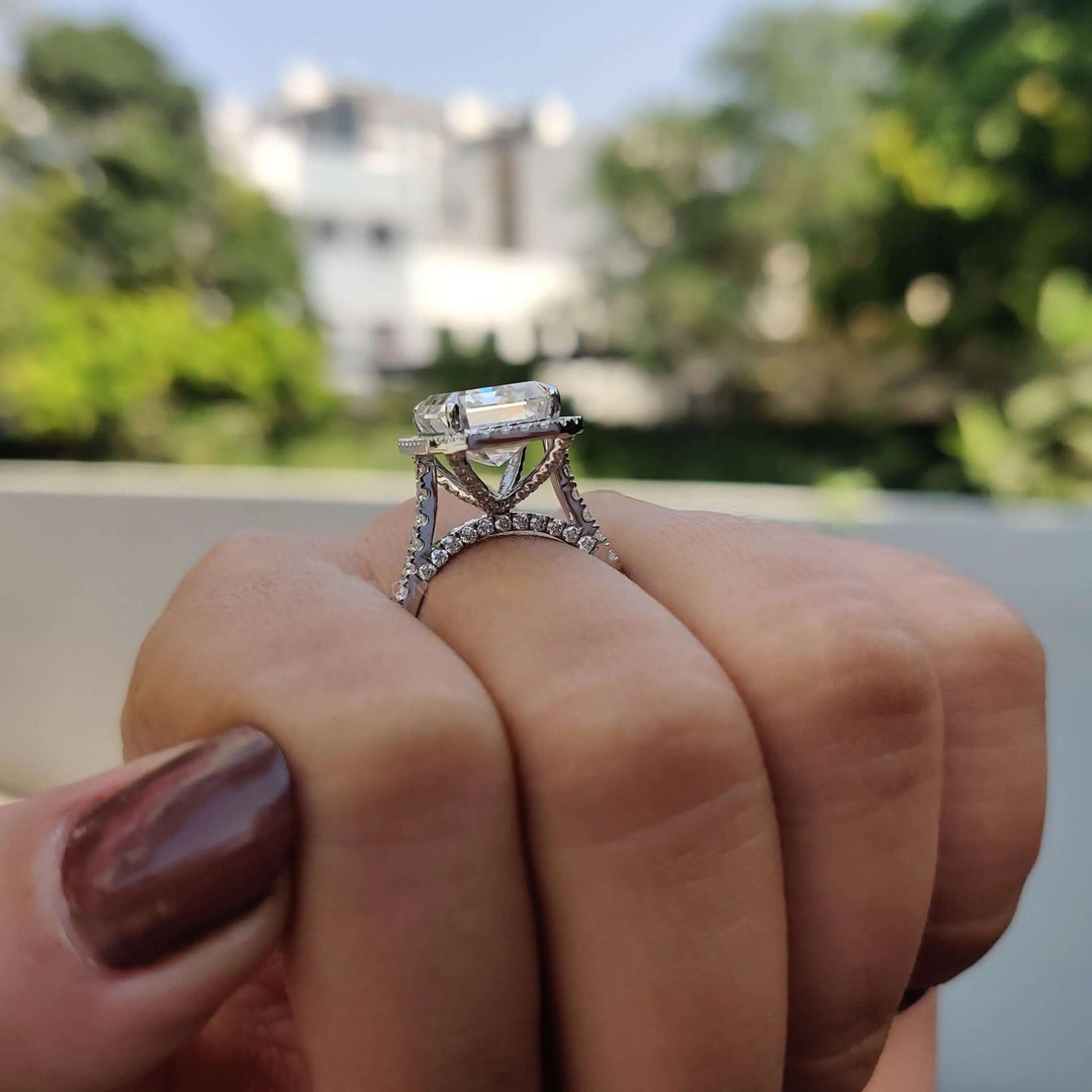 Emerald Moissanite Halo Pave Set Engagement Ring