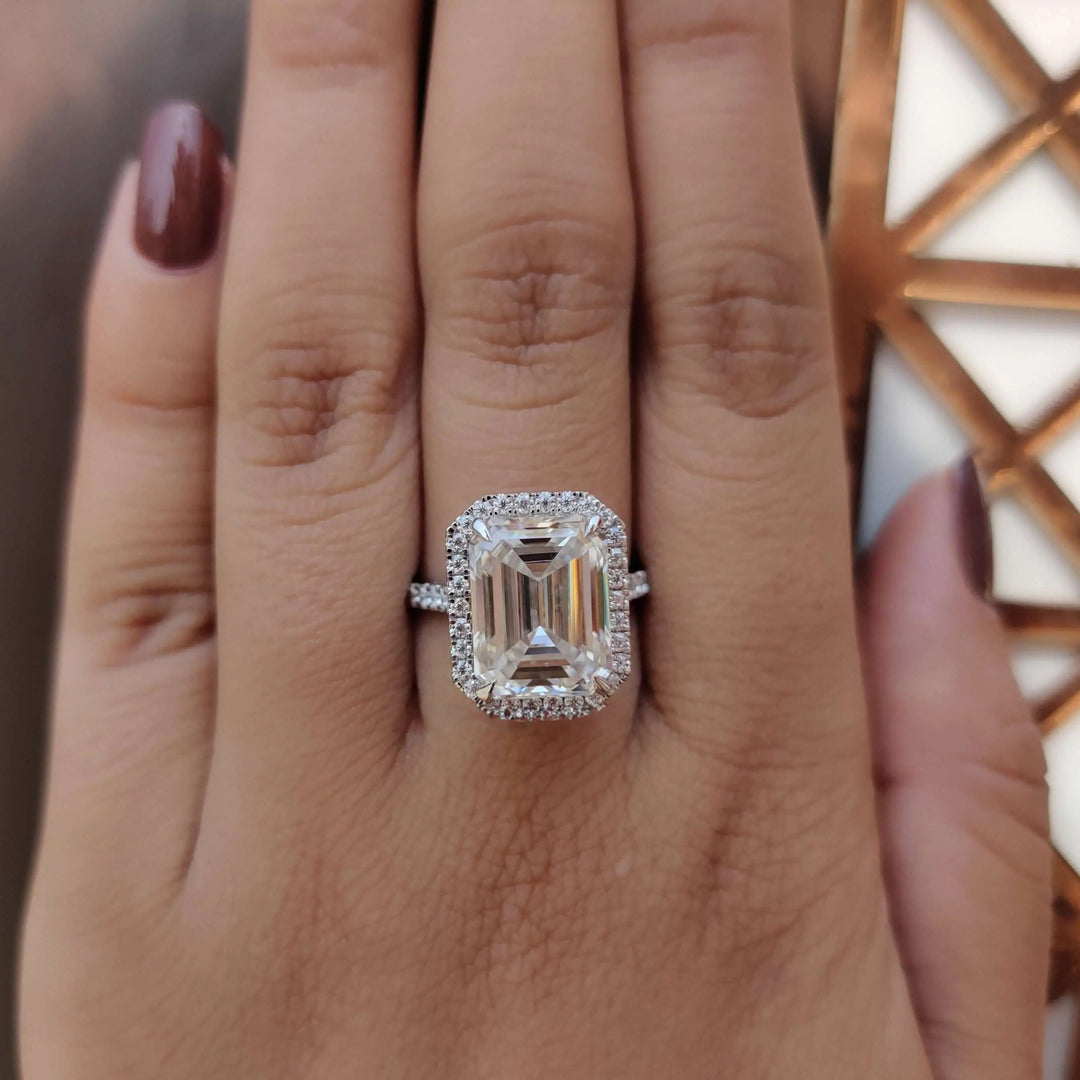 Emerald Moissanite Halo Pave Set Engagement Ring