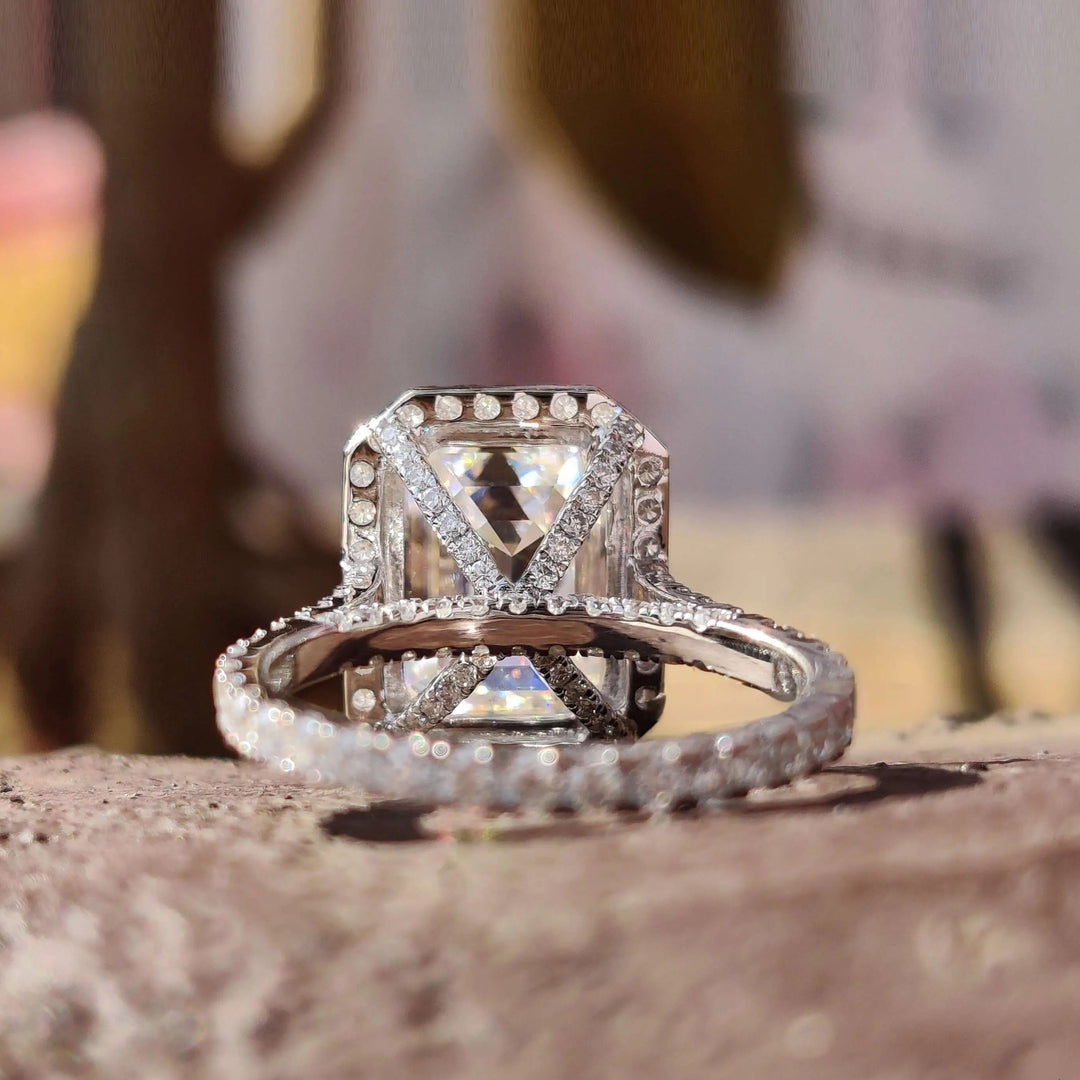 Emerald Moissanite Halo Pave Set Engagement Ring