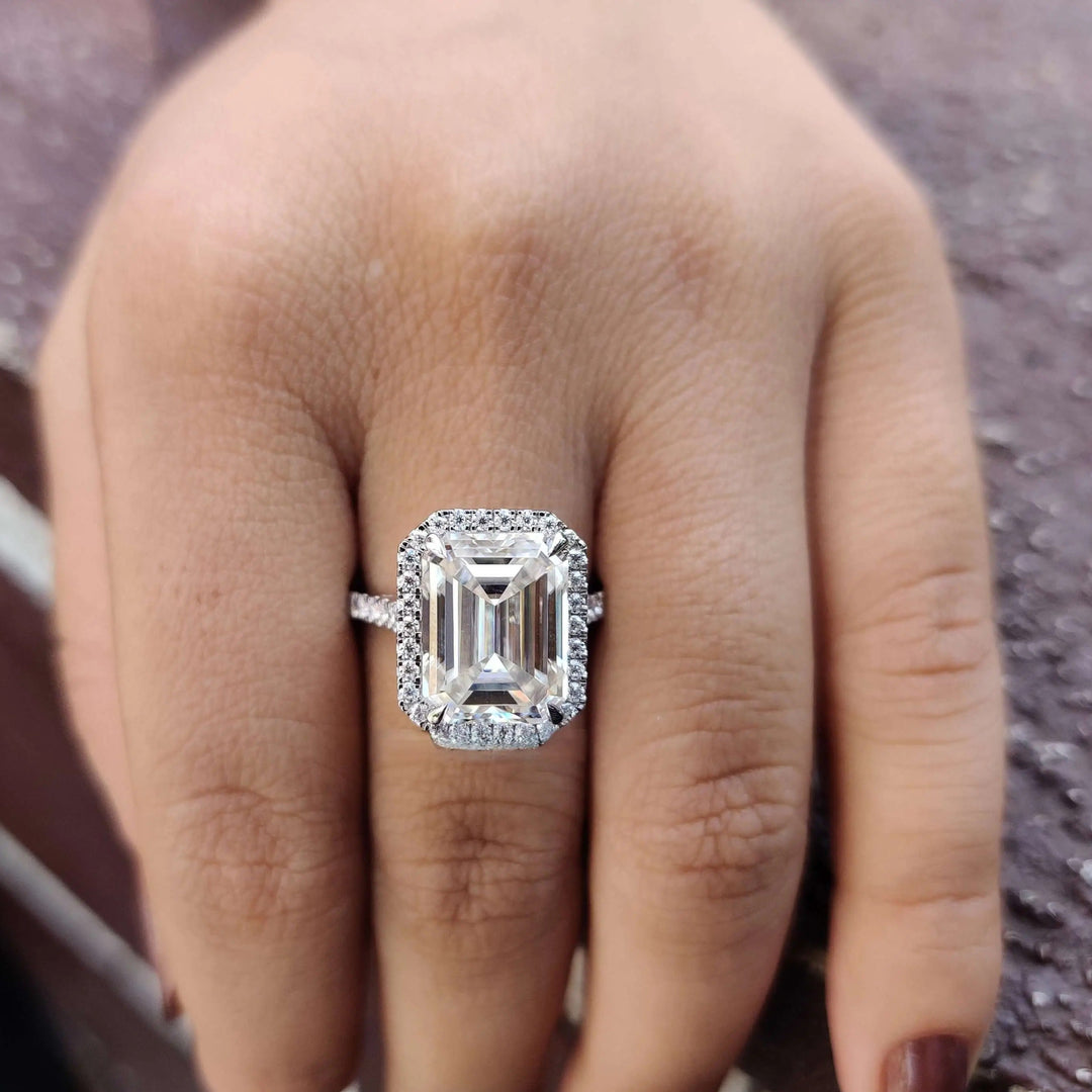 Emerald Moissanite Halo Pave Set Engagement Ring