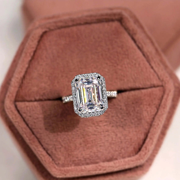 Emerald Moissanite Halo Pave Set Engagement Ring
