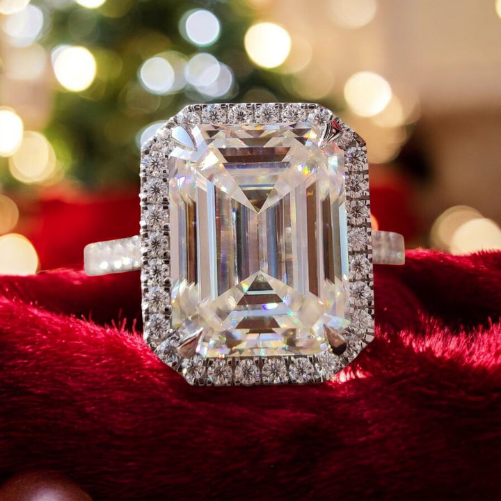 Emerald Moissanite Halo Pave Set Engagement Ring
