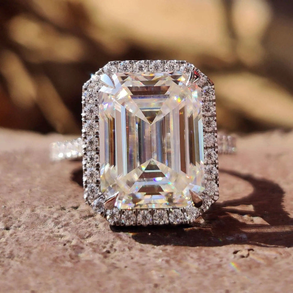 Emerald Moissanite Halo Pave Set Engagement Ring