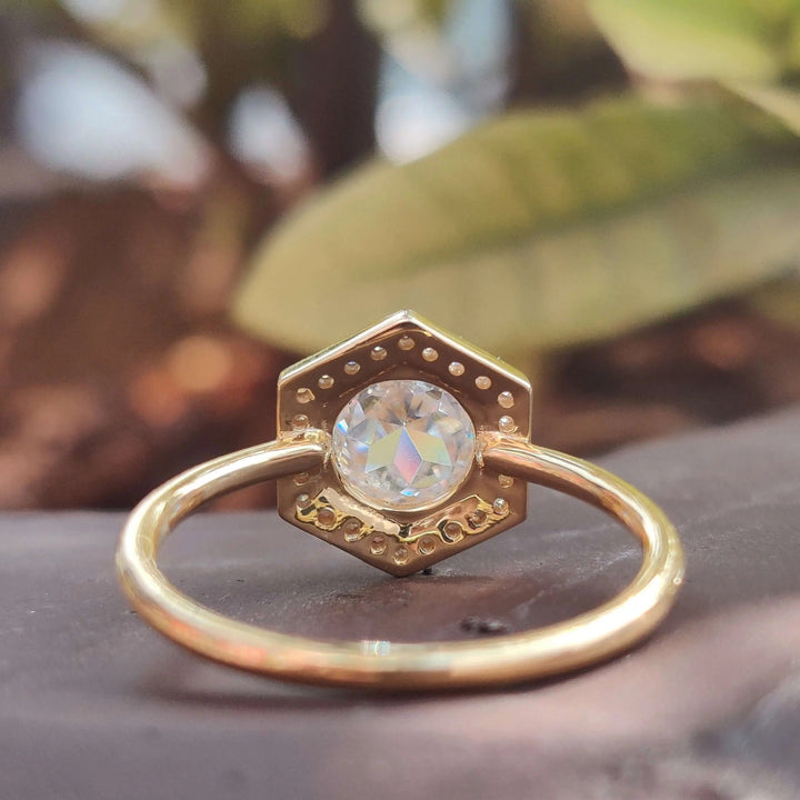 Round Rose Cut Moissanite Halo Engagement Ring