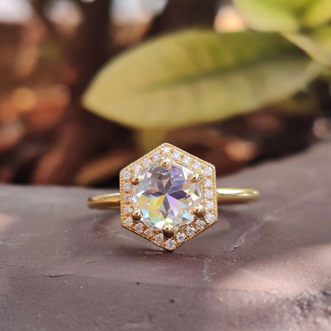 Round Rose Cut Moissanite Halo Engagement Ring