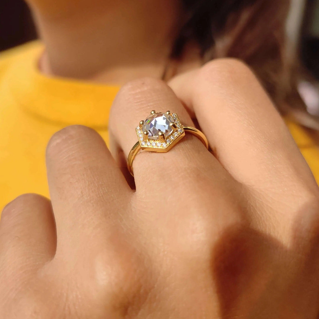 Round Rose Cut Moissanite Halo Engagement Ring