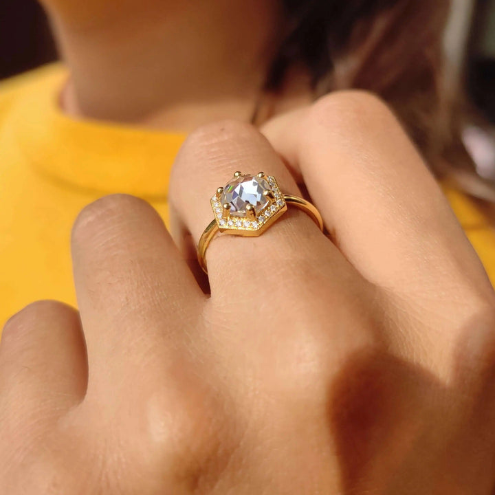Round Rose Cut Moissanite Halo Engagement Ring