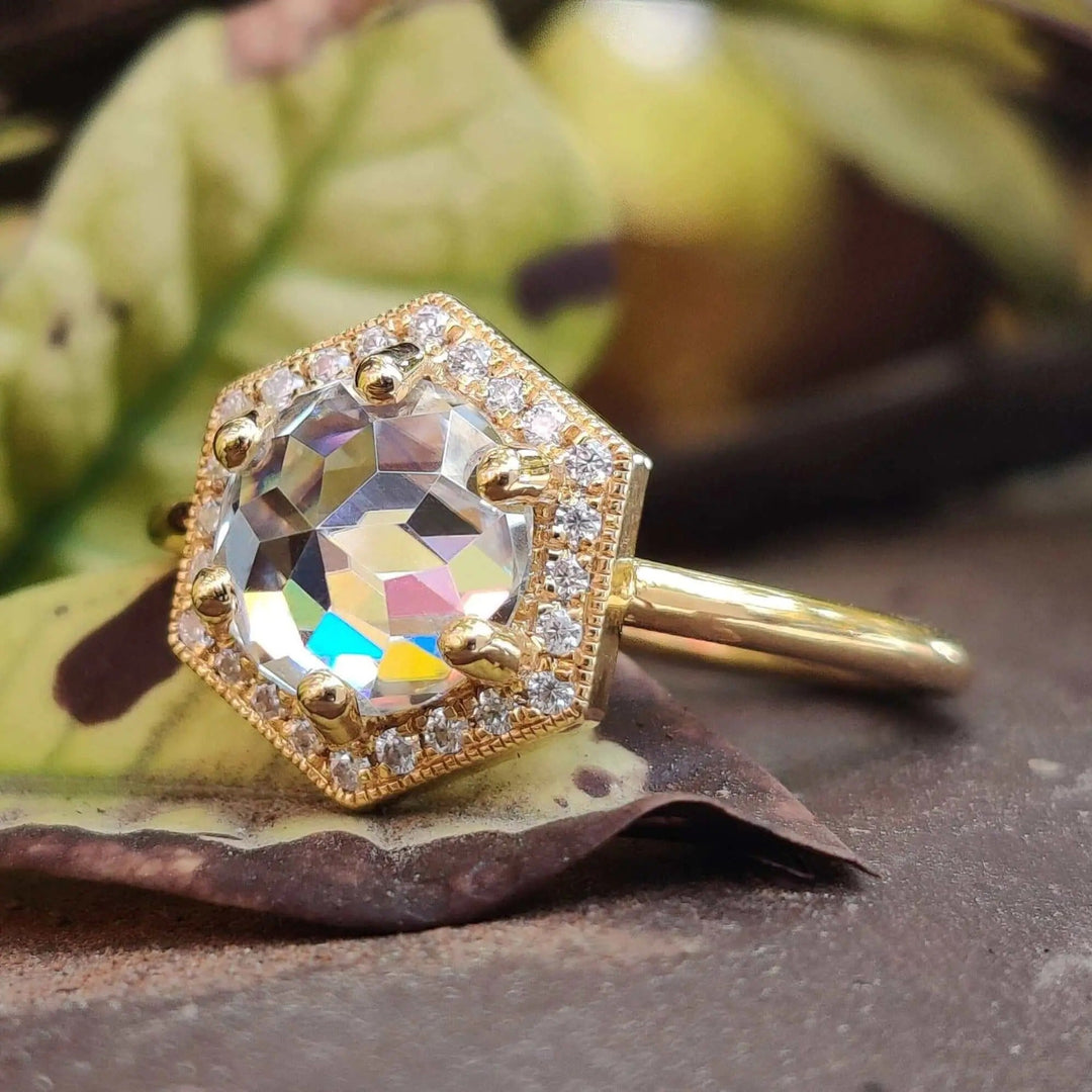 Round Rose Cut Moissanite Halo Engagement Ring