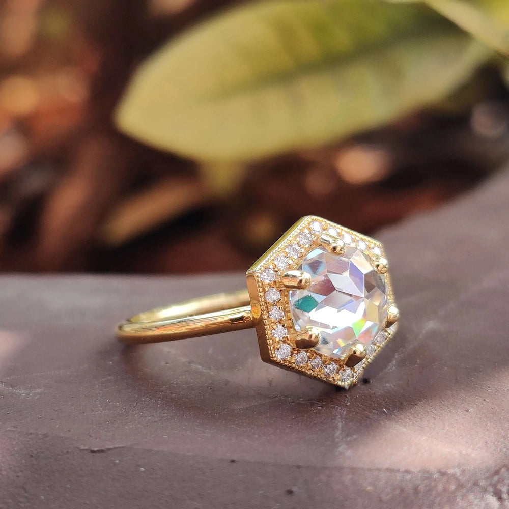 Round Rose Cut Moissanite Halo Engagement Ring