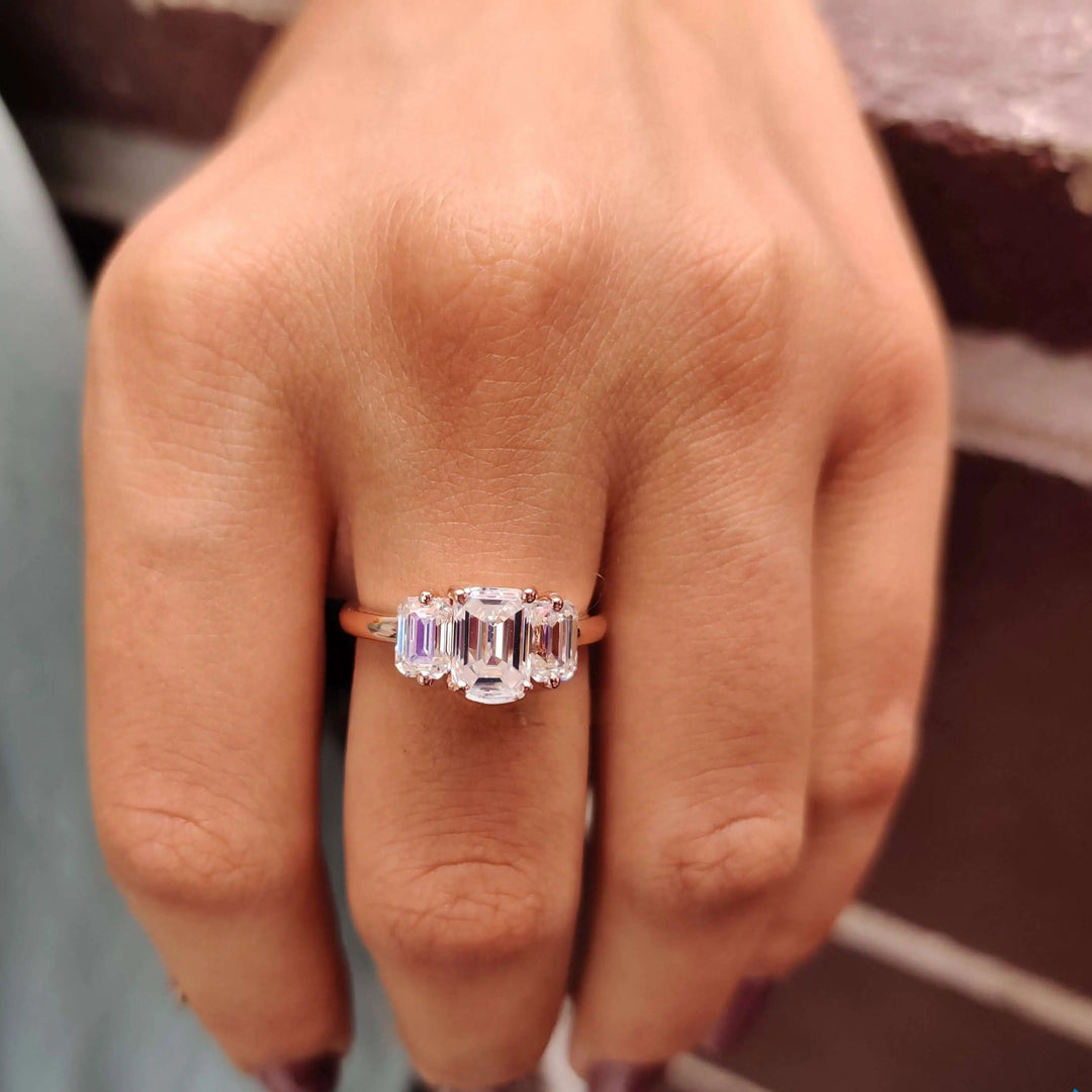 Moissanite Ring - Stunning Three Stone Emerald Cut Engagement Ring