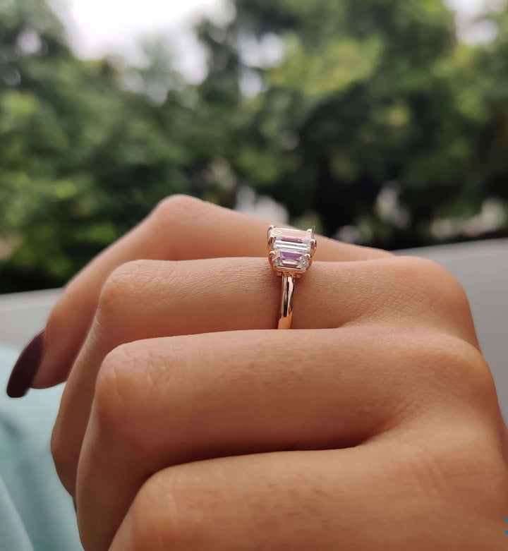Moissanite Ring - Stunning Three Stone Emerald Cut Engagement Ring