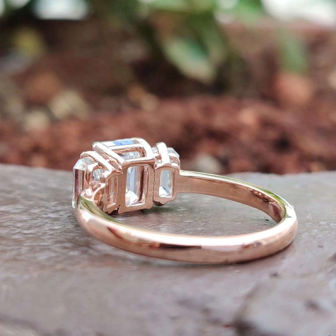 Moissanite Ring - Stunning Three Stone Emerald Cut Engagement Ring