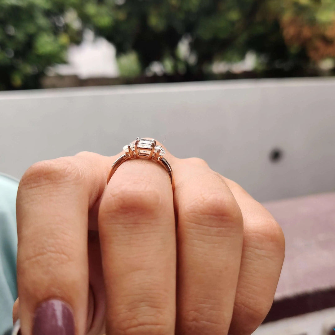 Moissanite Ring - Stunning Three Stone Emerald Cut Engagement Ring