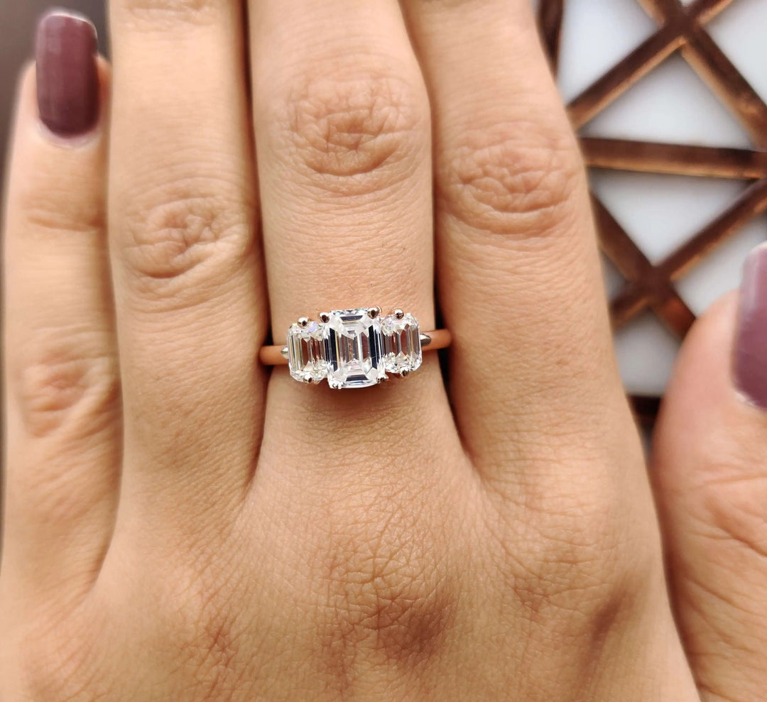 Moissanite Ring - Stunning Three Stone Emerald Cut Engagement Ring