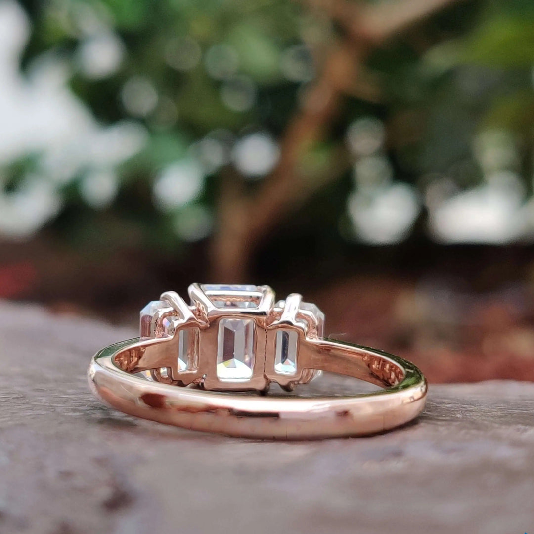 Moissanite Ring - Stunning Three Stone Emerald Cut Engagement Ring