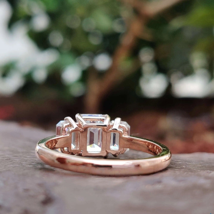 Moissanite Ring - Stunning Three Stone Emerald Cut Engagement Ring