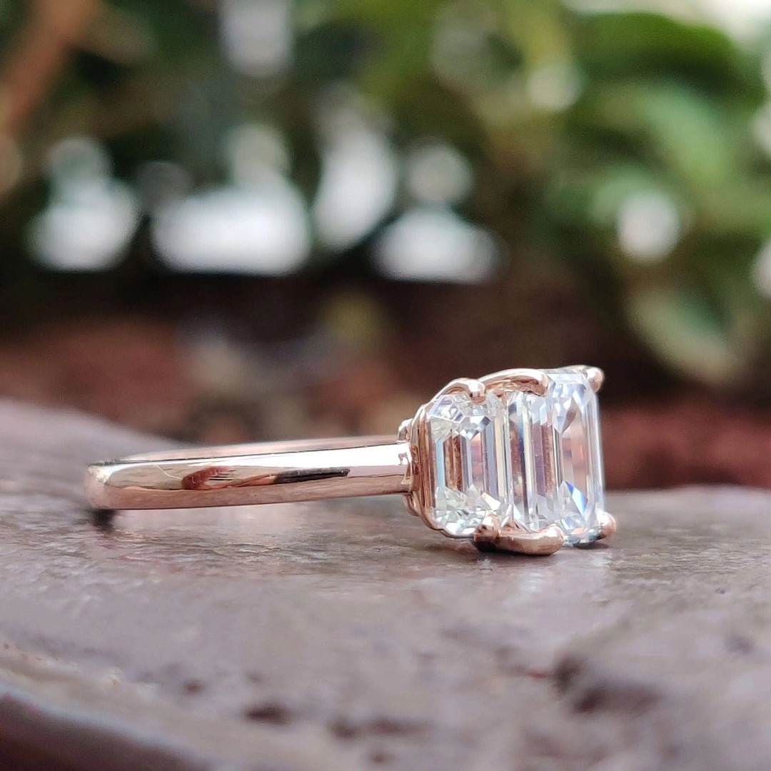 Moissanite Ring - Stunning Three Stone Emerald Cut Engagement Ring