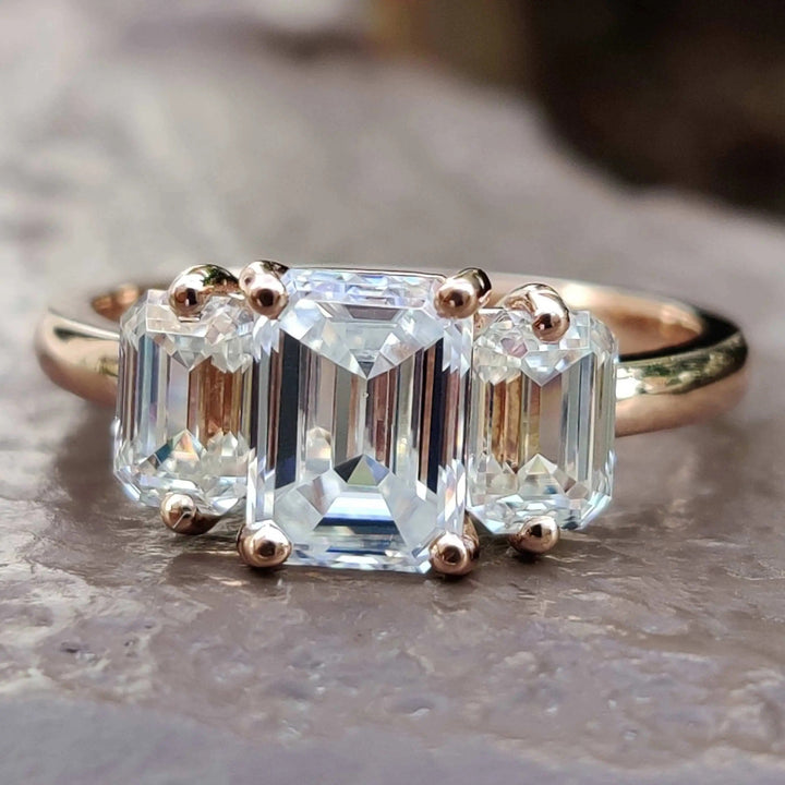 Moissanite Ring - Stunning Three Stone Emerald Cut Engagement Ring