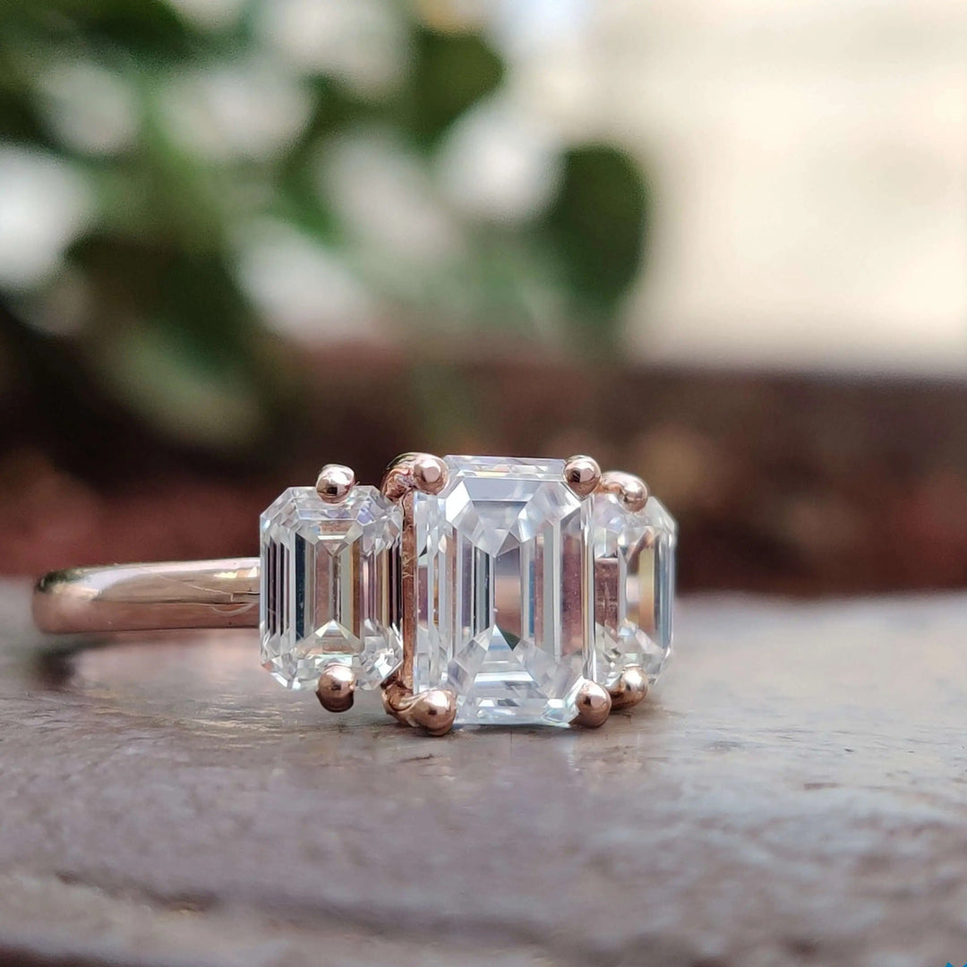 Moissanite Ring - Stunning Three Stone Emerald Cut Engagement Ring