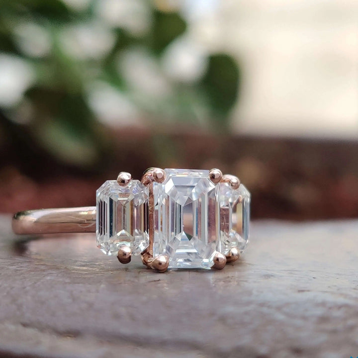 Moissanite Ring - Stunning Three Stone Emerald Cut Engagement Ring