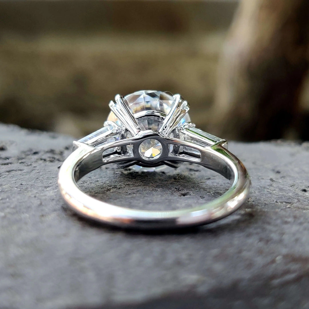 Moissanite Ring - Three-Stone Engagement Ring with Baguette Accents