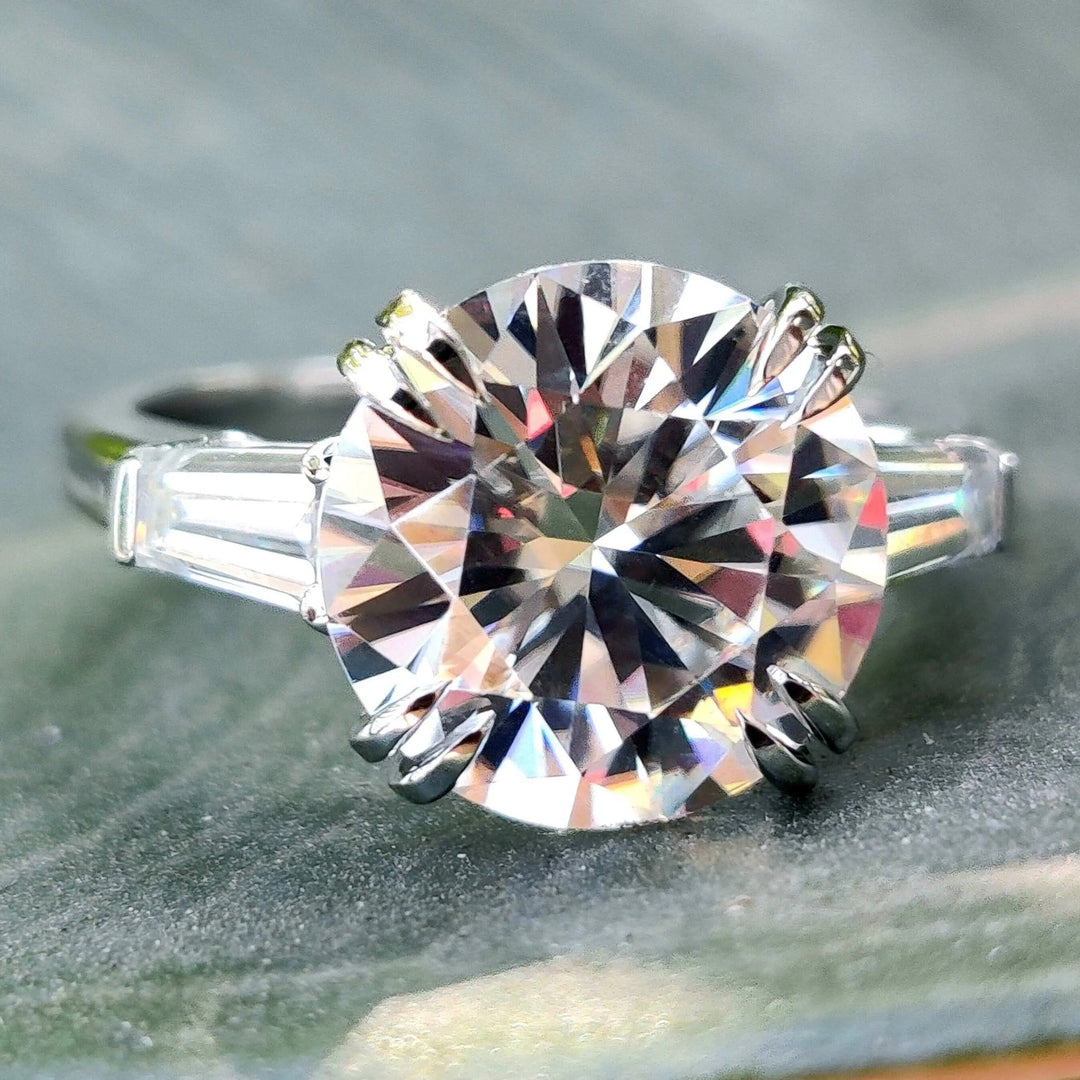Moissanite Ring - Three-Stone Engagement Ring with Baguette Accents