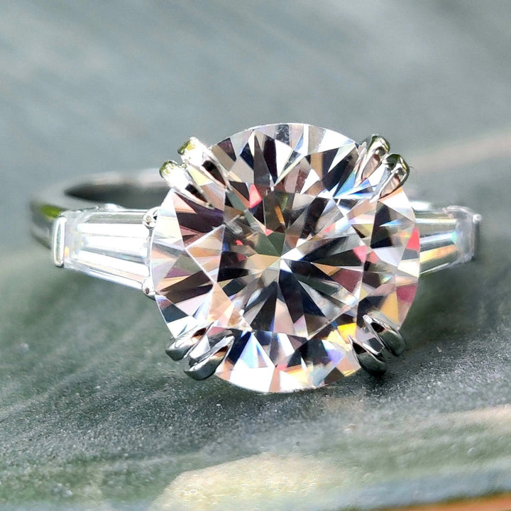 Moissanite Ring - Three-Stone Engagement Ring with Baguette Accents