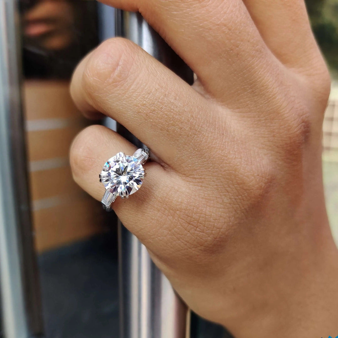 Moissanite Ring - Three-Stone Engagement Ring with Baguette Accents