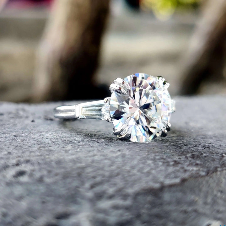 Moissanite Ring - Three-Stone Engagement Ring with Baguette Accents