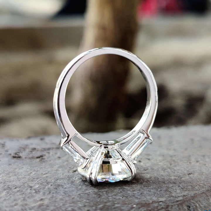 Moissanite Ring - Three-Stone Engagement Ring with Baguette Accents