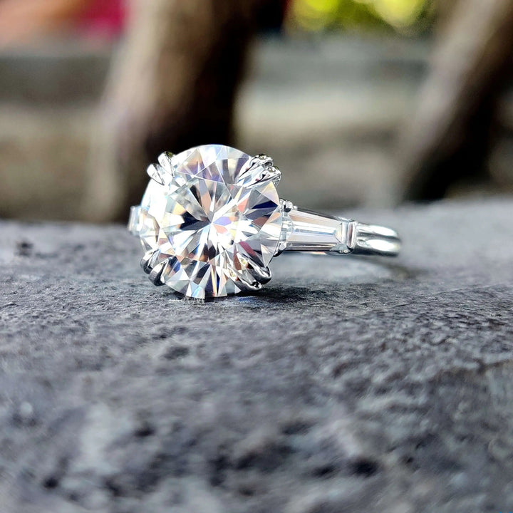 Moissanite Ring - Three-Stone Engagement Ring with Baguette Accents