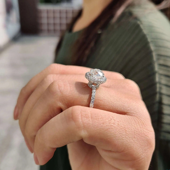 Moissanite Ring - Three-Stone Engagement Ring with Baguette Accents