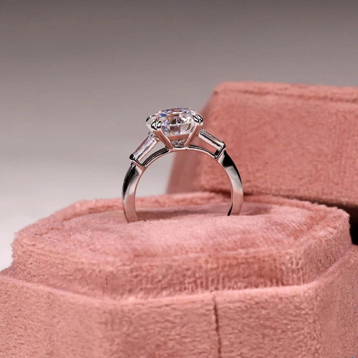 Moissanite Ring - Three-Stone Engagement Ring with Baguette Accents