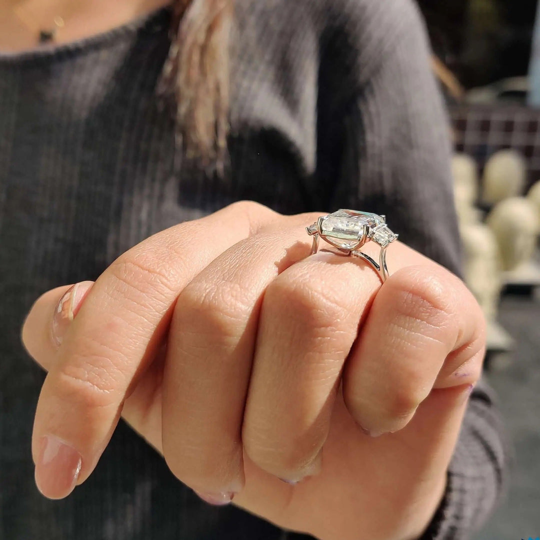 Moissanite Ring - Elegant Three Stone Emerald Cut Engagement Ring