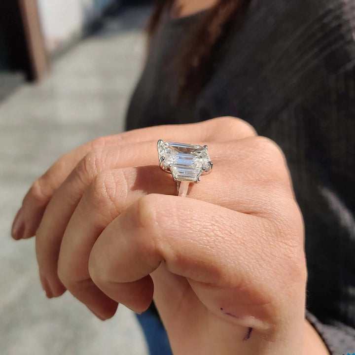 Moissanite Ring - Elegant Three Stone Emerald Cut Engagement Ring