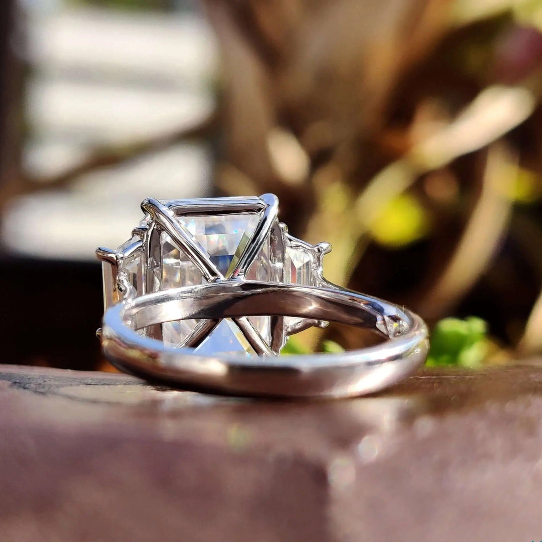 Moissanite Ring - Elegant Three Stone Emerald Cut Engagement Ring