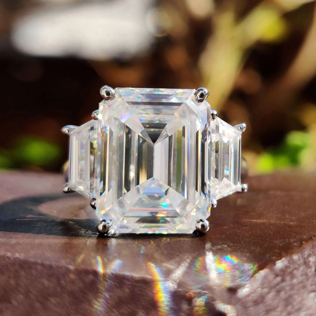 Moissanite Ring - Elegant Three Stone Emerald Cut Engagement Ring
