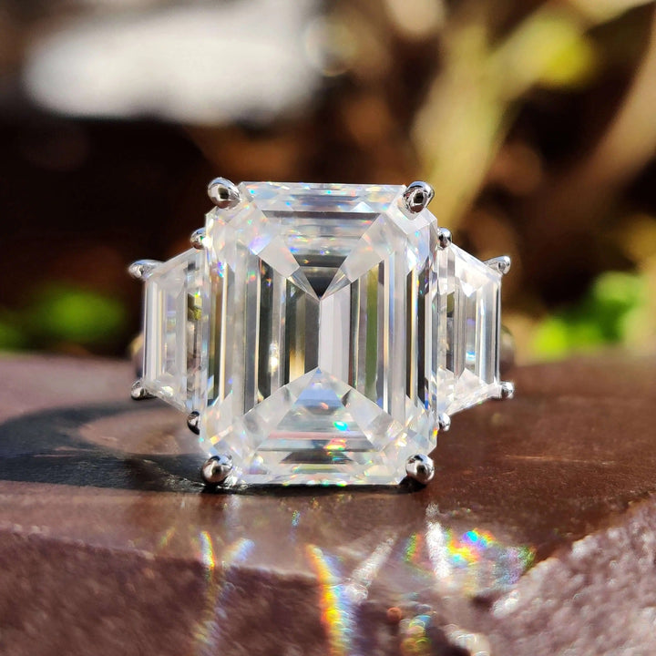 Moissanite Ring - Elegant Three Stone Emerald Cut Engagement Ring