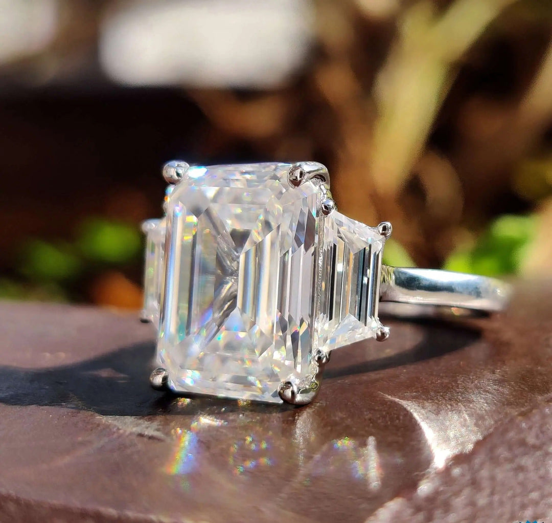 Moissanite Ring - Elegant Three Stone Emerald Cut Engagement Ring