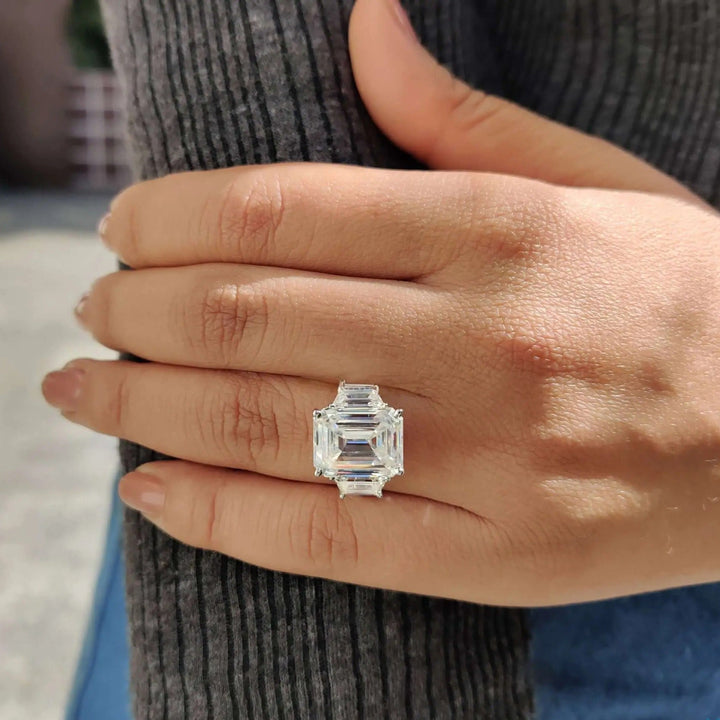 Moissanite Ring - Elegant Three Stone Emerald Cut Engagement Ring
