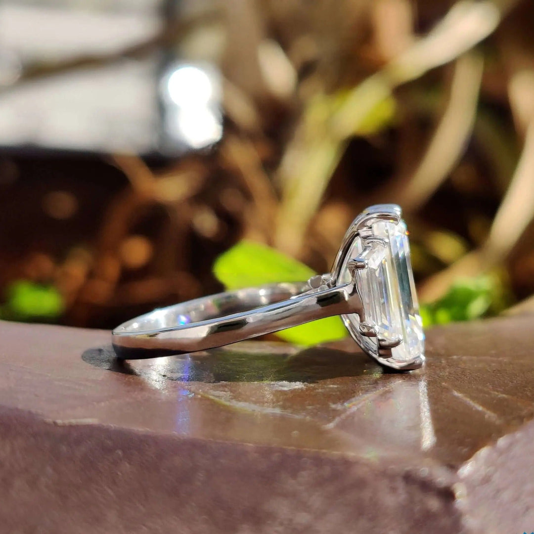 Moissanite Ring - Elegant Three Stone Emerald Cut Engagement Ring