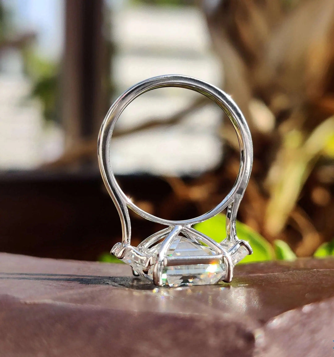 Moissanite Ring - Elegant Three Stone Emerald Cut Engagement Ring