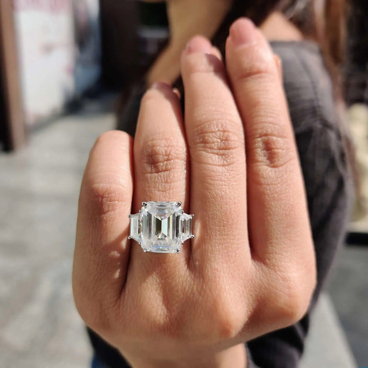 Moissanite Ring - Elegant Three Stone Emerald Cut Engagement Ring
