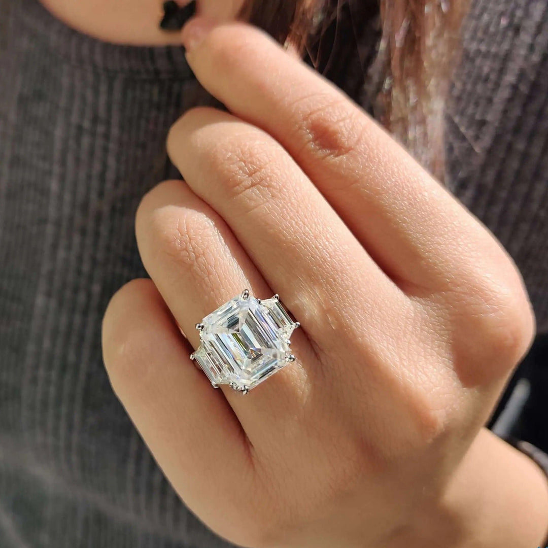 Moissanite Ring - Elegant Three Stone Emerald Cut Engagement Ring