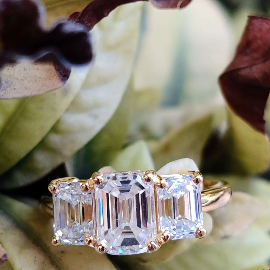 Moissanite Ring - Elegant Three Stone Emerald Cut Engagement Ring