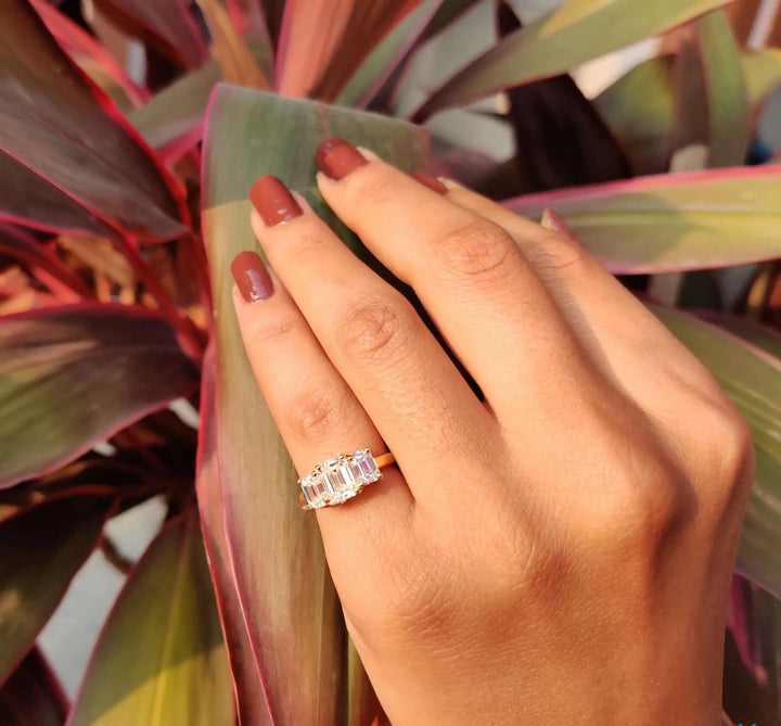 Moissanite Ring - Elegant Three Stone Emerald Cut Engagement Ring