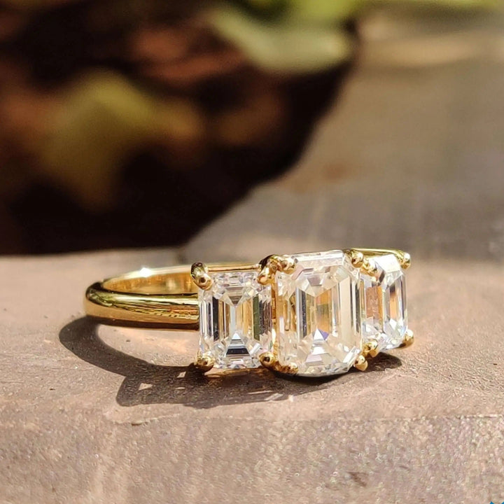 Moissanite Ring - Elegant Three Stone Emerald Cut Engagement Ring