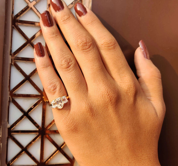 Moissanite Ring - Elegant Three Stone Emerald Cut Engagement Ring